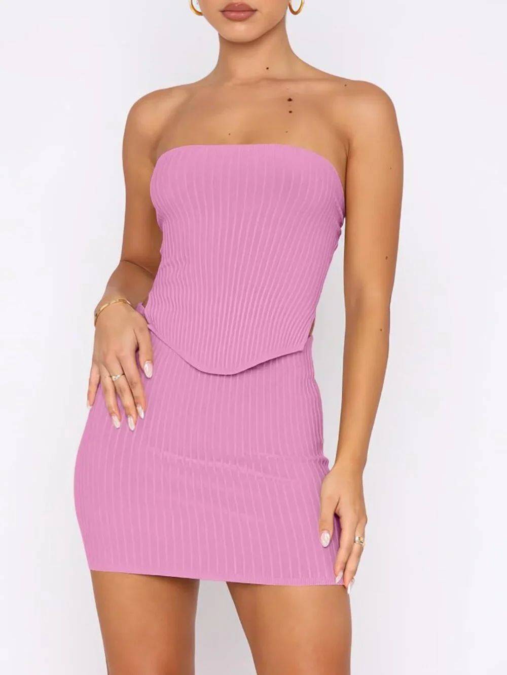 Women's Pink Viscose Strapless Crop Top With Skirt Mini Club Bodycon Dress